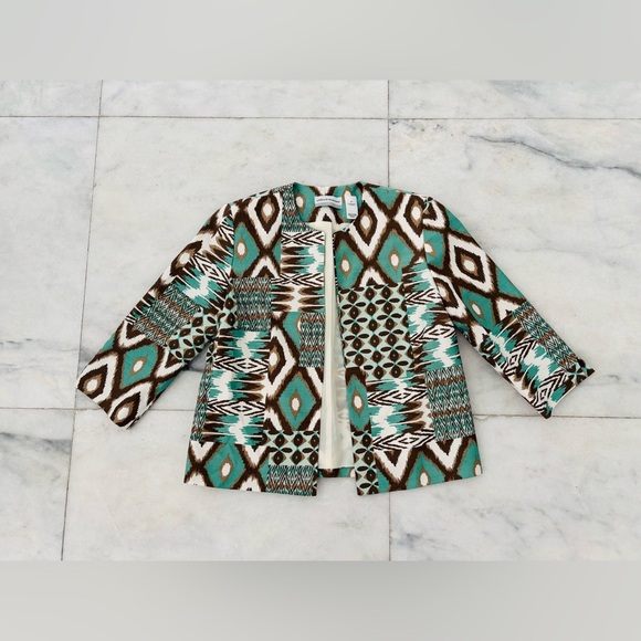 Alfred Dunner Jackets & Blazers - VTG Alfred Dunner Blazer Green Brown Geometric Aztec Open Women 6P Artsy Office